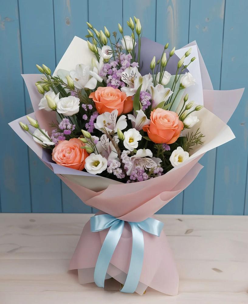 Букет цветов из: Лизиантусы, Розы, Альстромерии и Гипсофила в Солдато-Александровском